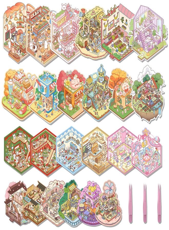 Aifong 24 Sets DIY 3D Sticker Scene Sticker Therapy Cute Cartoon Stickers Scene Make Your Own Scenes Miniature Room for Relief Stress - Image 1